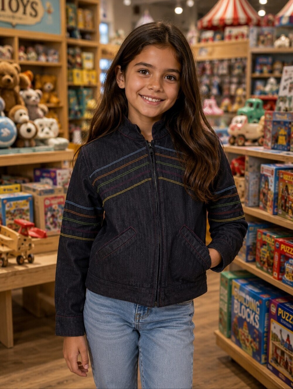 American Girl Just Like You -On The Go Size Medium Rainbow Thread Denim Jacket